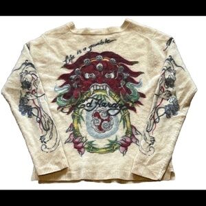 Ed Hardy Cream 100% Wool V-Neck Sweater with Graphic Sz medium Design